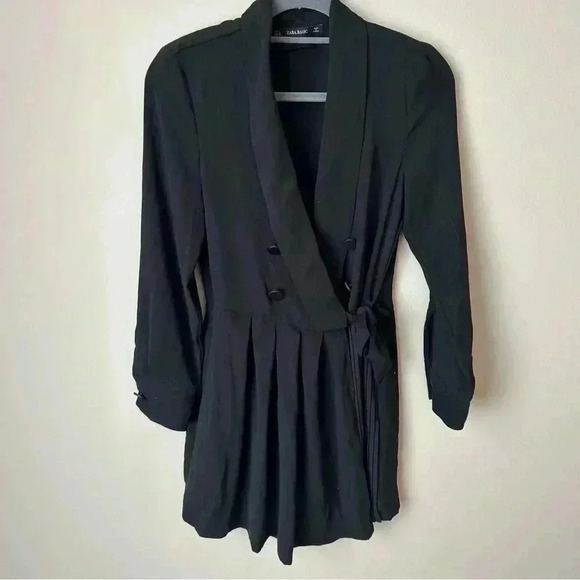 Zara Black Pleated Deep V-Neck Black Button Jumpsuit Romper Women’s Size Small - Picture 2 of 8